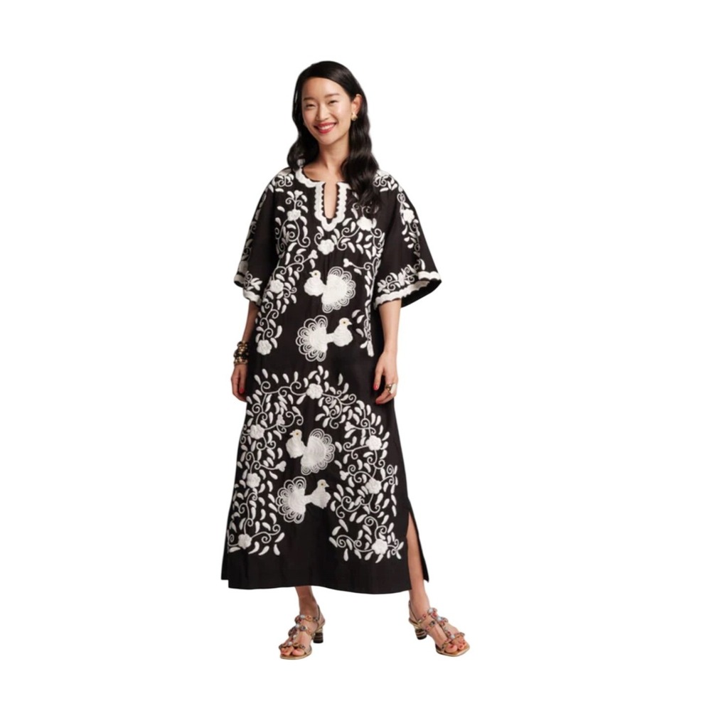 Frances Valentine Embroidered Charming Caftan Black White Dress Small